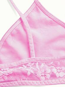 PetitDoll 1pc Wire-Free Non-Padded Lace Patchwork Sweet Style Women's Bra - Pink - View 9