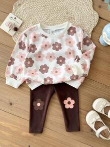 SHEIN Baby Girl Knitted Floral Pattern Crew Neck Casual Sweatshirt And Long Pants 2-Piece Set - Multicolor - View 4