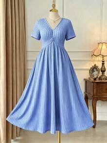 Elenzga Plus Size Elegant Casual V-Neck Ruched Design Short Sleeve Jacquard Knit Dress For Women - Blue - View 3