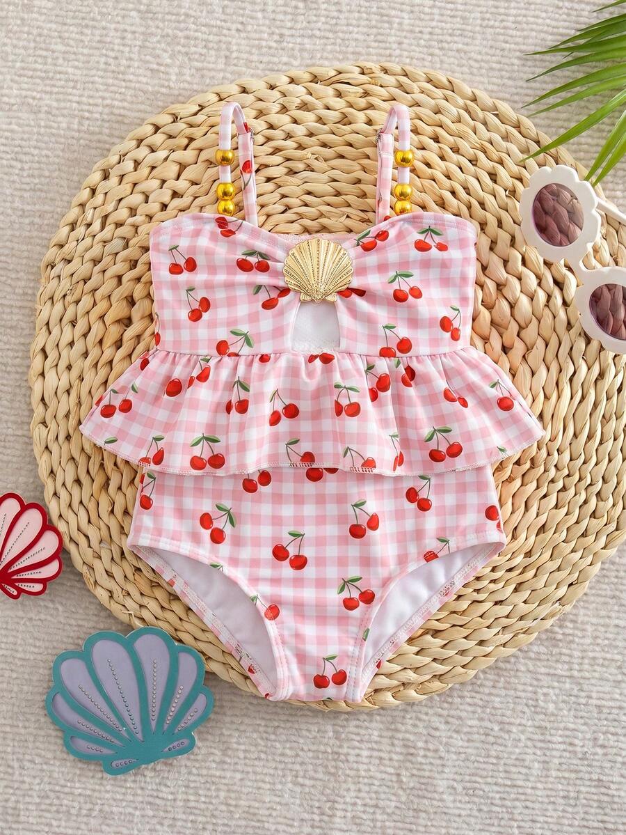 SHEIN Traje de baño de una pieza para niña bebé, traje de baño de poliéster lindo adecuado para nadar en verano, traje de baño casual colorido y de moda para niñas jóvenes, traje de baño de una pieza blanco con volantes para niñas, traje de baño blanco con volantes para niña bebé, traje de baño para niñas con volantes de concha marina, traje de baño blanco con volantes para niña bebé, monokini para niñas con ribete de volantes - Multicolor - Ver 1