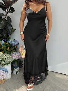 GalTyme Plus Size Summer Elegant Solid Color Lace Patchwork Backless Cami Dress - Black - View 6