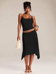 SHEIN BAE Women's Solid Color Minimalist Casual Sexy Halter Neck Tank Top Going Out Black Summer - Black - View 3