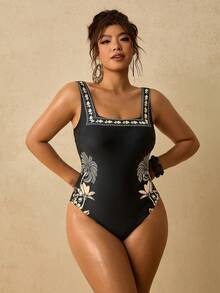 Travachic 女款方領貼身一件式泳衣黑色印花海灘套裝春夏度假服飾 - 黑色 - 查看 11