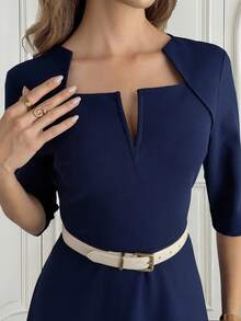 Medorina Women's Elegant Commuter Office Solid Color Waist-Defining Dress, Going Out, Work Outfit, Navy Blue Fall Teachers' Day Teachers' Day - Navy Blue - View 6