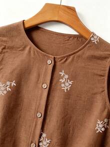 SHEIN Franclia Gaun Tanpa Lengan Kancing Depan Motif Tanaman Kasual untuk Liburan Wanita - Khaki - View 5
