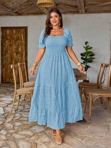 EMERY ROSE Vestido de mujer talla grande de tejido regular para primavera/verano, manga corta, cuello cuadrado, amarillo, con cintura definida - Azul cielo - Ver 3
