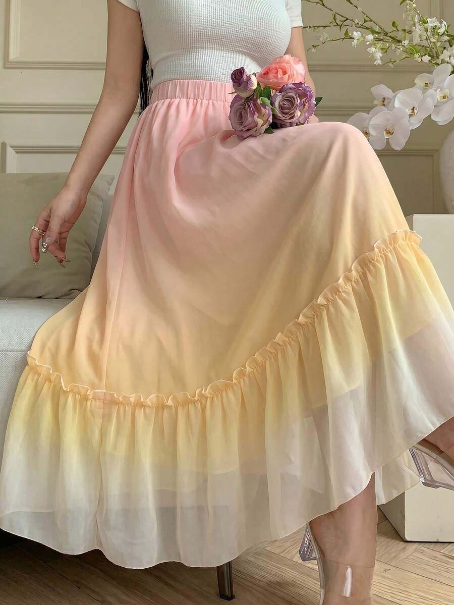 Modelyn 女款春夏季編織拼接印花漸層A字版型荷葉邊裙襬優雅浪漫長裙 - 彩色 - 查看 1