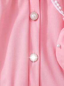 SHEIN Preteen Girls' Solid Color Collar Puff Sleeve Cardigan Summer Dress With Pouch Summer Holiday - Pink - View 8