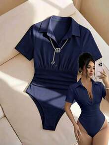 Selianne Women's Vintage Sexy Bodysuit, Slimming Fit, Elegant High-End Comfortable Versatile Fashion White Bodysuit - Royal Blue - View 1
