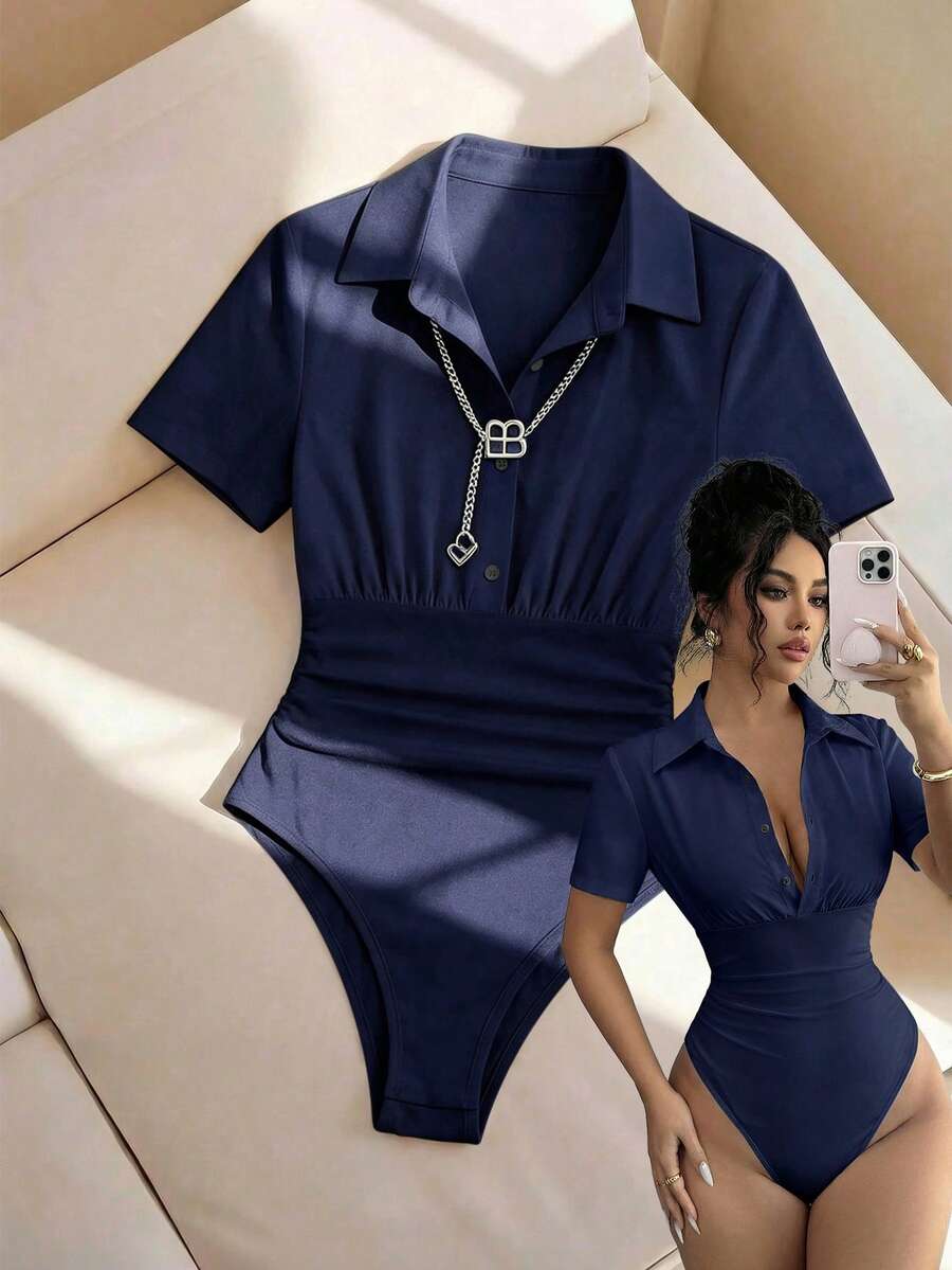 Selianne Women's Vintage Sexy Bodysuit, Slimming Fit, Elegant High-End Comfortable Versatile Fashion White Bodysuit - Royal Blue - View 1