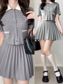 DAZY Women's Contrast Color Round Neck Short Sleeve Button Front Twist Knit Sweater 2 Pieces Set - Grey - View 9