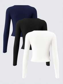 SHEIN BASICS 3 buc. tricou scurt pentru femei, din tricot, cu mânecă lungă, croială slim fit, guler pătrat, culoare uni - Multicolor - Vizualizare 3