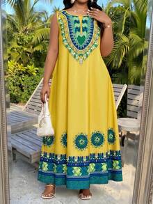 SHEIN Lady CURVE Plus Size Women's Yellow Sleeveless Bohemian Maxi Dress With Scoop Neck And Colorful Print - Yellow - View 5