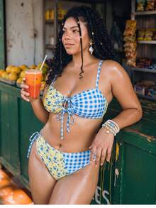 Swim Mod Plus Size Women Beach Plaid Patchwork Tie-Up Tankini Top And Triangle Bottoms Bikini Set - Multicolor - View 4