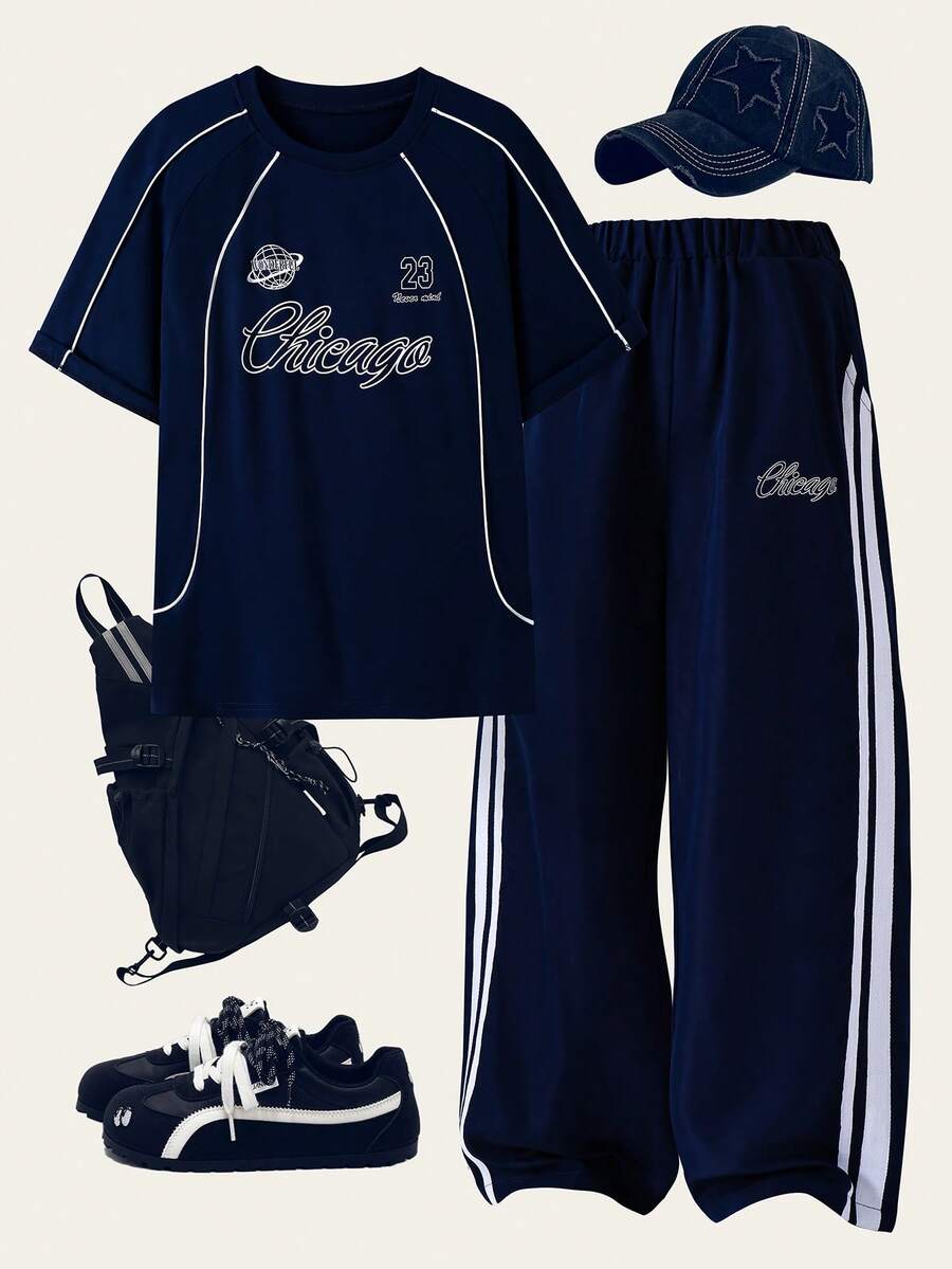 SHEIN Teen Boy Round Neck Casual Letter Print T-Shirt And Sports Long Pants Set - Navy Blue - View 1