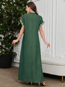 Al Najma Embroidered Collar Flower Shoulder Sleeve Small Stand Collar Elegant Dress - Dark Green - View 2