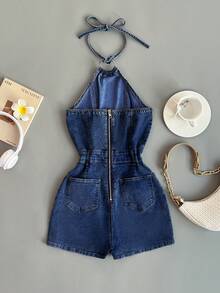 Elamini Women's Backless Halter Neck Denim Romper - Blue - View 2