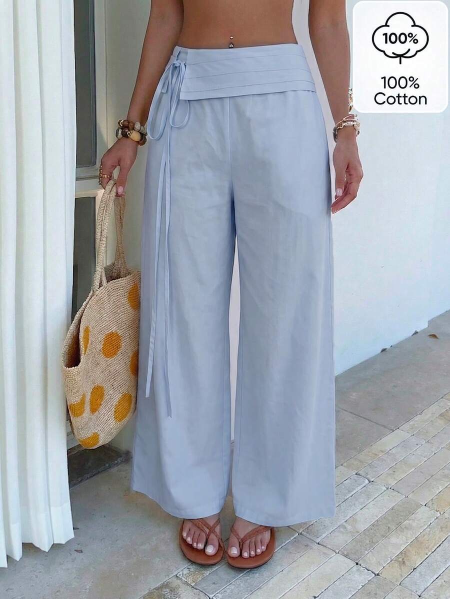 Sunnyshic Women's Solid Color Casual Versatile Daily Wear Pants Beach Light Blue Summer - Blue - View 1