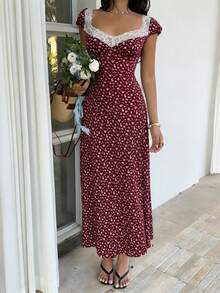 Unity Vestido midi con corte evasé y cuello con corazón, mangas abullonadas, cintura fruncida y combinación de lunares en blanco y negro con detalles de encaje, sencillo pero elegante, para - Burdeos - Ver 3