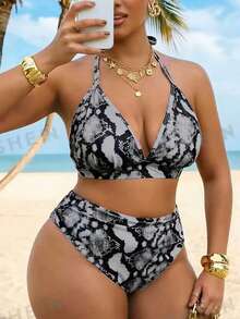 Swim Vcay 大尺碼女款 2 件組印花掛脖露背三角比基尼泳衣，度假風 - 彩色 - 查看 1