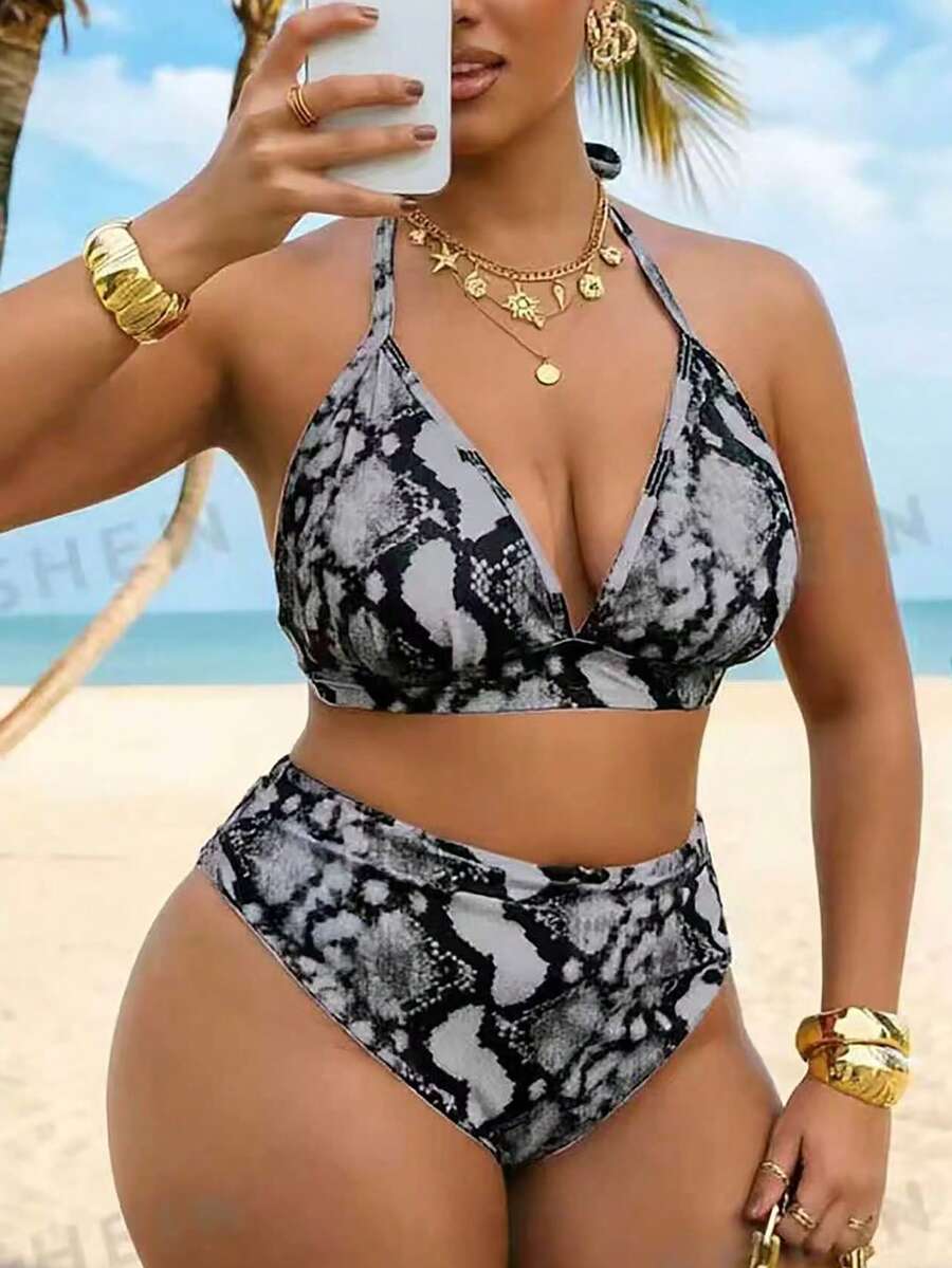 Swim Vcay 大尺碼女款 2 件組印花掛脖露背三角比基尼泳衣,度假風 - 彩色 - 查看 1