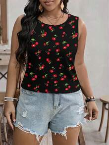 SHEIN VCAY Plus Size Cherry Print Round Neck Sleeveless Tank Top - Multicolor - View 2