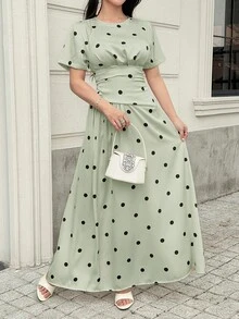 Feyla Women's Colorblock Polka Dot Print Short Sleeve Long Dress - Green - View 8