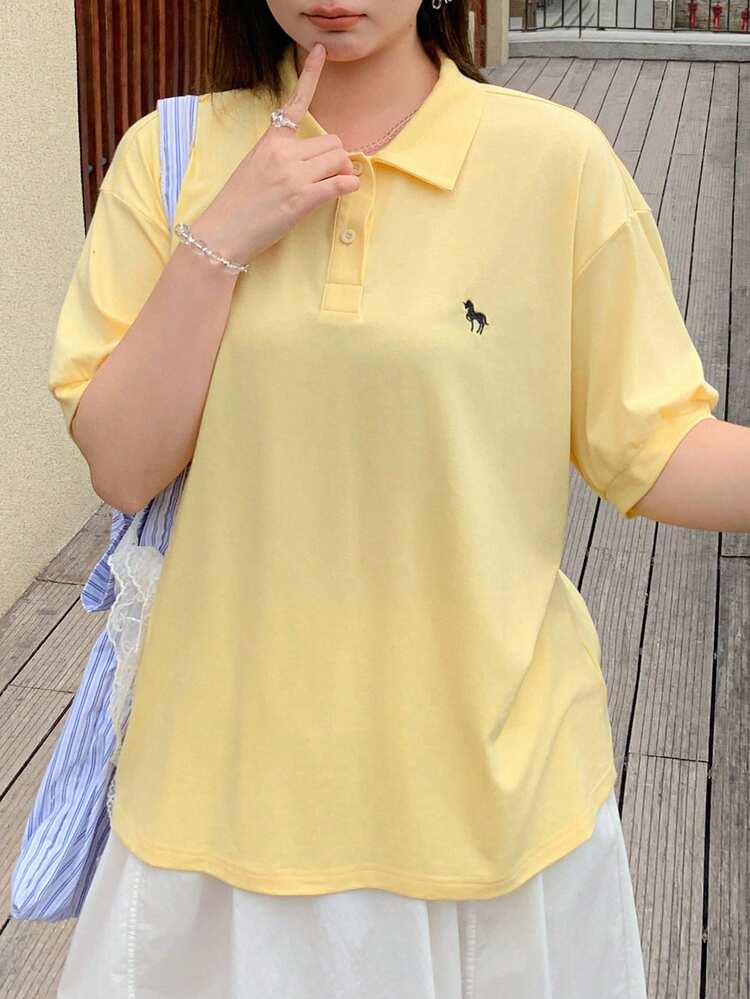 Dazy Plus Solid Color Loose Casual Small Horse Embroidery POLO Collar Short Sleeve Versatile Yellow Plus Size Women Spring Summer Short Sleeve T-Shirt