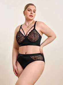 Hourtrue Plus Size Sexy Lace Underwire Bra Set - Black - View 4