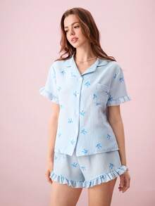 Bonmuse 夏季女士短款睡衣套装 - 蓝色蝴蝶结短袖纽扣领上衣和裤子，柔软亲肤睡衣，可机洗，可户外穿着 - 白色 - 查看 4