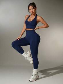 SHEIN Sports 女士纯色简约日常露背上衣和裤子运动套装 - 藏蓝色 - 查看 5