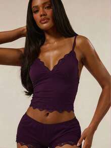 MUSERA Triangle Bust Lace Trim Adjustable Strap Cami Top And Fitted Boxer Boyshort Multipack Set Lingerie Nightwear Pajamas - Violet Purple - View 3