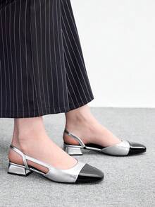 CUCCOO BIZCHIC Sepatu Pumps Wanita Ujung Lancip Hak Blok Warna-warni, Musim Semi/Panas - Perak Hitam - View 3