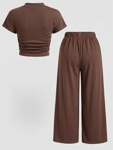 SHEIN Young Girls Solid Coffee Textured Mock Neck Snug Fit Top & Wide Leg Pant 2 Pieces Set,Summer Matching Family Vacation,Mom Daughter & Sisters Style - Brown - View 2