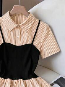 GlowEve Women's Colorblock Striped Short Sleeve Ruffle Button Front Fashion 2-In-1 Shirt, Suitable For Spring/Summer Vacation, Casual, Commute, Daily Wear, Versatile - Coffee Brown - View 5
