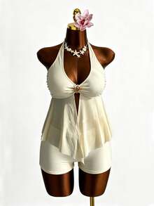 Bellisia Bộ đồ bơi tankini nữ size lớn với áo cổ yếm trang trí kim loại và quần short, phù hợp cho kỳ nghỉ hè và đi biển - Màu be - Xem 6