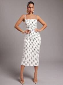 Silquee Women's Contrast Color Polka Dot Print Spaghetti Strap Midi Dress - White - View 3