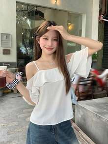 DAZY Contrast Mesh Short Sleeve Round Neck Ruffle Trim Women's Blouse Summer - White - View 7