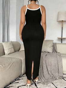 Elenzga Plus Size Elegant Fitted Color Block Dress - Black and White - View 2