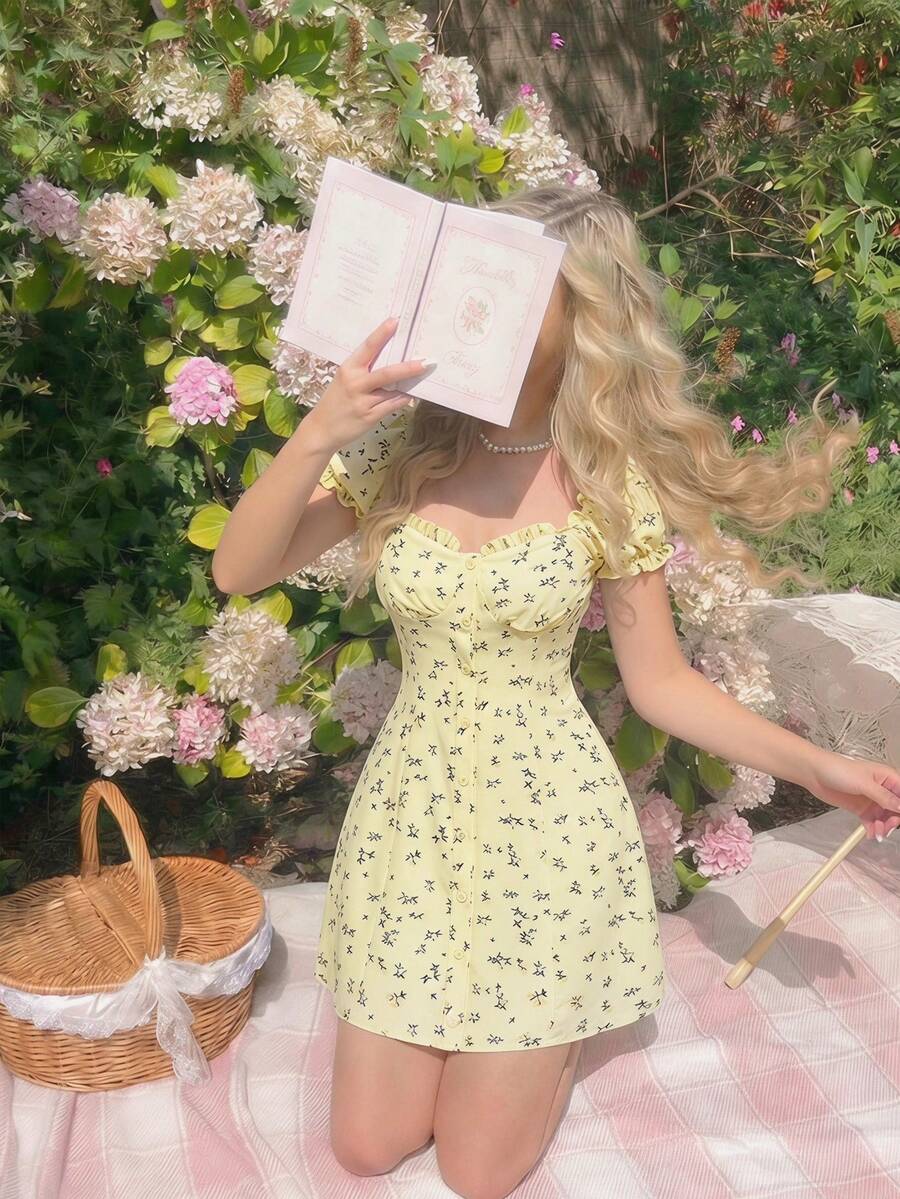 SHEIN MOD 浅黄色碎花贝壳纽扣衬衫裙 - 淡黃色 - 查看 1