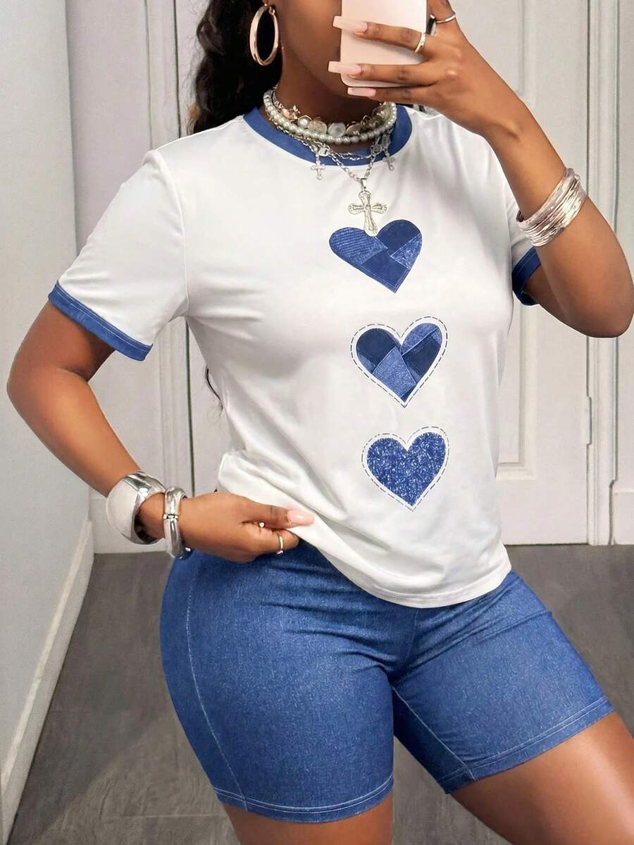 Slaydiva Plus Size Round Neck Dropped Shoulder Short Sleeve Heart Print Summer 2pcs Set Workout White Light Blue