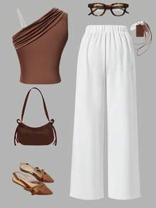 2pcs/Set Teen Girls Summer Casual Commuter Outfit, High Elasticity Solid Color Knit Pleated Asymmetric Shoulder Sleeveless Top With... - Mocha Brown - View 3