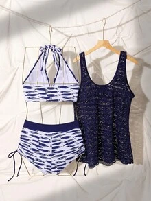 Swim Lushoire 女款海灘度假套裝，適用假期與新年，深V椰子樹印花比基尼套裝，附針織鏤空罩衫與細肩帶背心，3件組，海軍藍配白色 - 彩色 - 查看 6