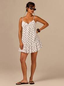Athîral Women's Spaghetti Strap Backless White With Black Polka Dots Mini Dress Vacation Summer French - Multicolor - View 3