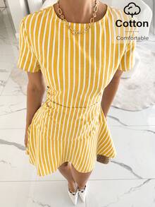 Siren Gaze Váy mini nữ mùa hè phong cách thường ngày họa tiết kẻ sọc chiết eo - Màu vàng - Xem 6