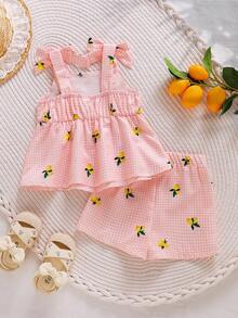 SHEIN Playful Pals 2件組女嬰幼兒/新生兒0-3歲春夏季休閒日常可愛度假條紋蝴蝶結裝飾可愛黃色檸檬圖案吊帶背心上衣+短褲套裝 - 粉色 - 查看 2