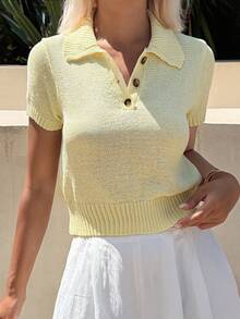 DAZY Solid Color Fitted Short POLO Short Sleeve Casual Vacation Summer Women's Knit Top Brunch Daytime Pale Yellow - Yellow - View 6