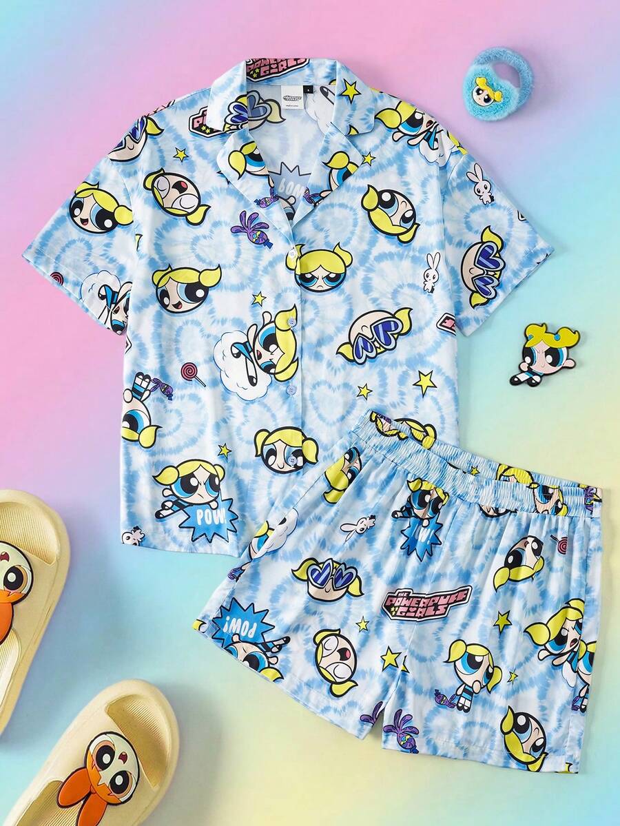 THE POWERPUFF GIRLS X SHEIN 女款卡通印花單排扣短袖上衣與休閒短褲睡衣套裝 - 藍色 - 查看 1