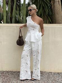 Livesso Women's Asymmetric Neckline Waist-Cinched A-Line Hollow Embroidery Top And Loose Long Pants 2 Pieces Set, Vacation Style Summer - White - View 6