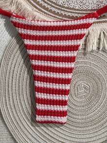 Swim Mod Women's 2026 Spring/Summer New Blue And White Striped Textured Fabric Small Sun Metal Decor V-Neck Backless Triangle Wrap Rope Studded Bikini Swimsuit 2-Piece Set - Red - View 4